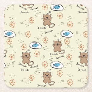 Dessous-de-verre Carré En Papier motif de chat et de poissons