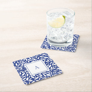 Dessous-de-verre Carré En Papier Motif de feuille de monogramme bleu et blanc