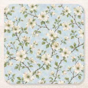 Dessous-de-verre Carré En Papier Motif de fleur de cornouiller du Sud sur fond bleu