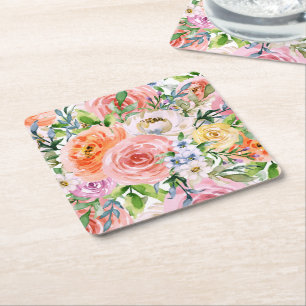 Dessous-de-verre Carré En Papier Motif de fleurs de rose orange blanc jaune