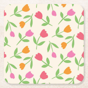 Dessous-de-verre Carré En Papier Motif de fleurs de tulipes rétro en orange, rose e