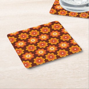 Dessous-de-verre Carré En Papier Motif de fleurs orange bohème hippie rétro groovy 