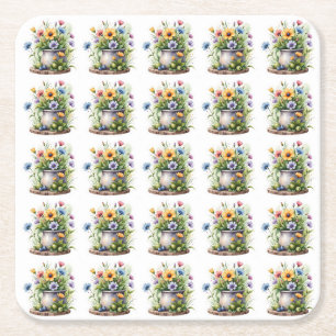 Dessous-de-verre Carré En Papier motif de fleurs orange, rose, jaune et bleu