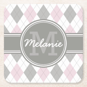 Dessous-de-verre Carré En Papier Motif de Jacquard rose et gris monogramme