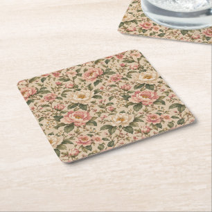 Dessous-de-verre Carré En Papier Motif de jardin de pivoines et de roses romantique