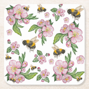 Dessous-de-verre Carré En Papier Motif de l'aquarelle des pommiers et des abeilles