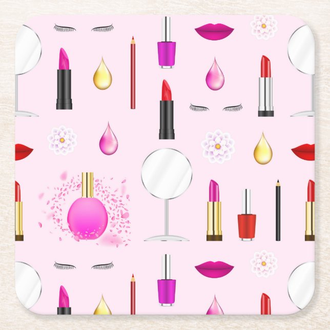 Dessous-de-verre Carré En Papier Motif de maquillage féminin rose (Devant)