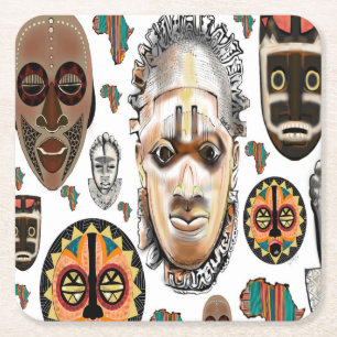 Dessous-de-verre Carré En Papier Motif de masque africain blanc