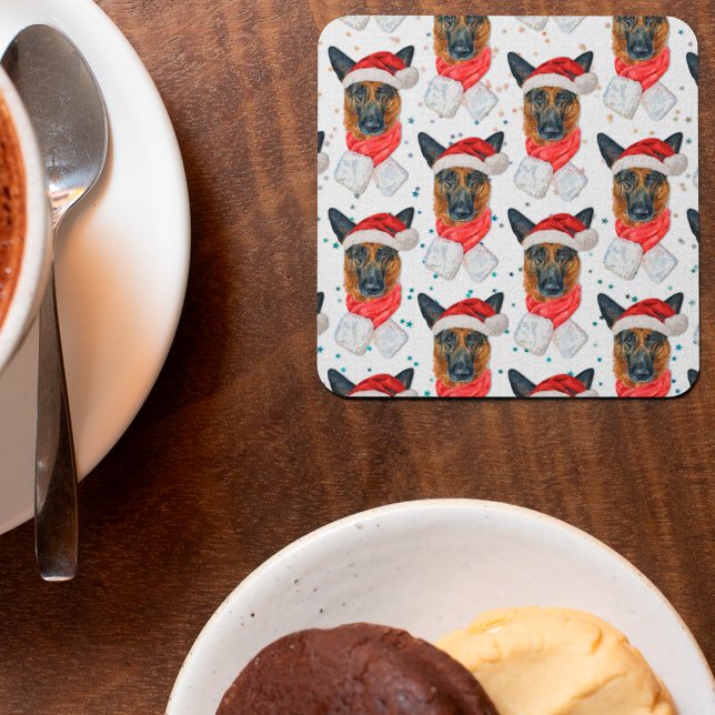 Dessous-de-verre Carré En Papier Motif de Noël du chien berger mignon allemand (Créateur téléchargé)