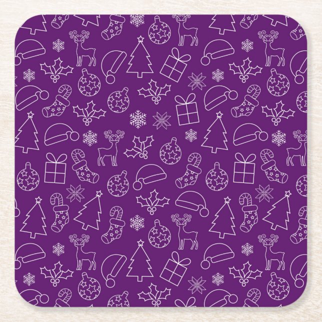 Dessous-de-verre Carré En Papier Motif de Noël Festif violet et blanc (Devant)