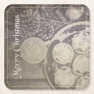 Dessous-de-verre Carré En Papier Motif de Noël vintage avec biscuits et café