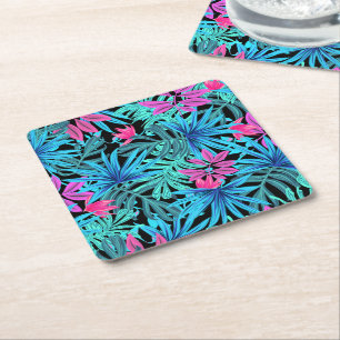Dessous-de-verre Carré En Papier Motif de plante tropicale rose et bleu néon