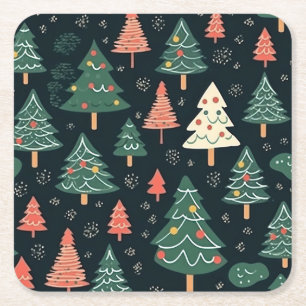 Dessous-de-verre Carré En Papier Motif de sapin de Noël vert et corail festif