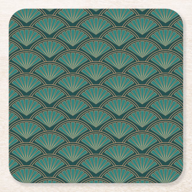 Dessous-de-verre Carré En Papier Motif de style Art déco en vert turquoise (Devant)