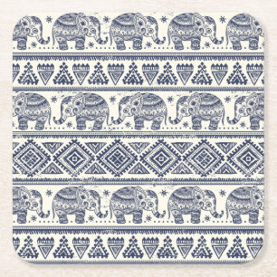 Dessous-de-verre Carré En Papier Motif d'éléphant ethnique bleu