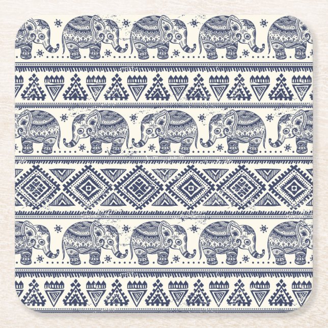 Dessous-de-verre Carré En Papier Motif d'éléphant ethnique bleu (Devant)