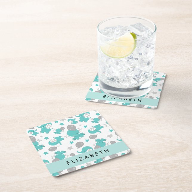 Dessous-de-verre Carré En Papier Motif Des Eléphants Bleus, Étoiles, Votre Nom (En situation)