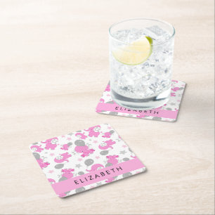 Dessous-de-verre Carré En Papier Motif Des Eléphants Roses, Étoiles, Votre Nom