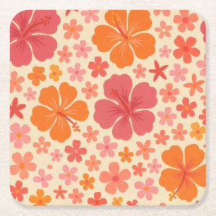 Dessous-de-verre Carré En Papier Motif d'hibiscus hawaïen des années 60