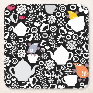 Dessous-de-verre Carré En Papier Motif d'oiseaux et de tasses