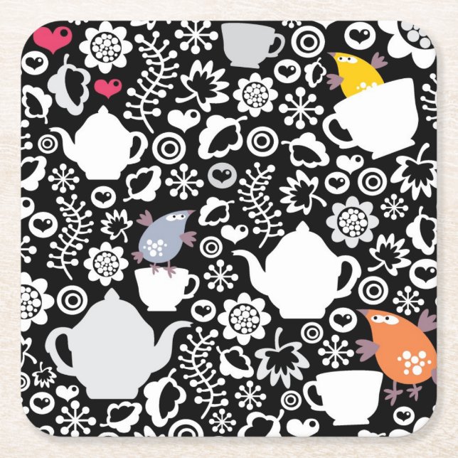 Dessous-de-verre Carré En Papier Motif d'oiseaux et de tasses (Devant)