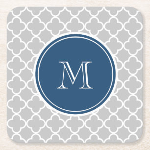 Dessous-de-verre Carré En Papier Motif du Quatrefoil gris, monogramme bleu marine