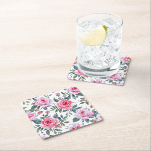 Dessous-de-verre Carré En Papier Motif élégant à l'aquarelle de rose rose