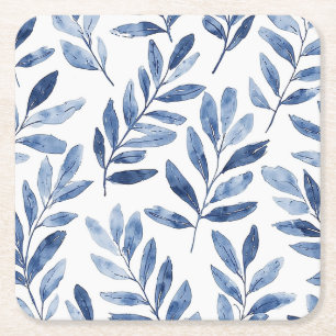 Dessous-de-verre Carré En Papier Motif élégant de feuilles à l'aquarelle Bleu indig