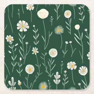 Dessous-de-verre Carré En Papier Motif élégant de fleurs sauvages sur fond vert fon
