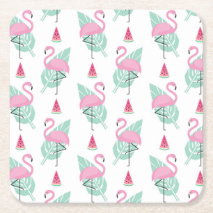 Dessous-de-verre Carré En Papier Motif en pastel de Flamant rose et de pastèque