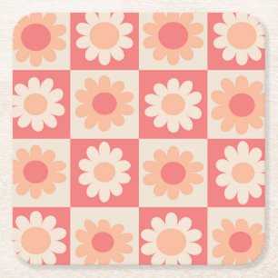 Dessous-de-verre Carré En Papier Motif Fleurs Rétro Pêche Damier 