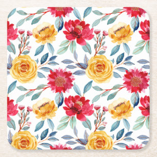 Dessous-de-verre Carré En Papier Motif floral aquarelle ensoleillé en rose jaune