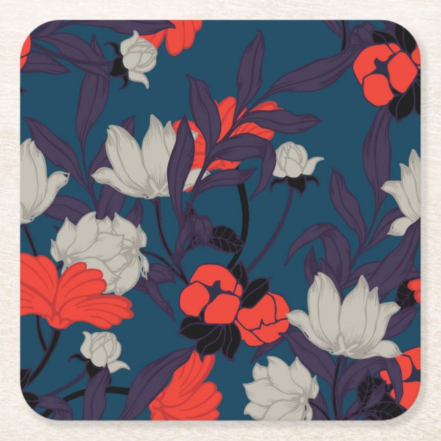 Dessous-de-verre Carré En Papier Motif floral bleu et rouge élégant (Devant)