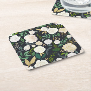 Dessous-de-verre Carré En Papier Motif floral crème et ivoire avec paillettes noire