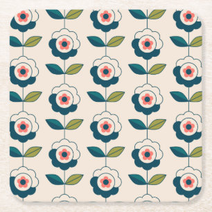 Dessous-de-verre Carré En Papier Motif floral de rétro turquoise
