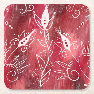 Dessous-de-verre Carré En Papier Motif Floral Rouge Et Blanc