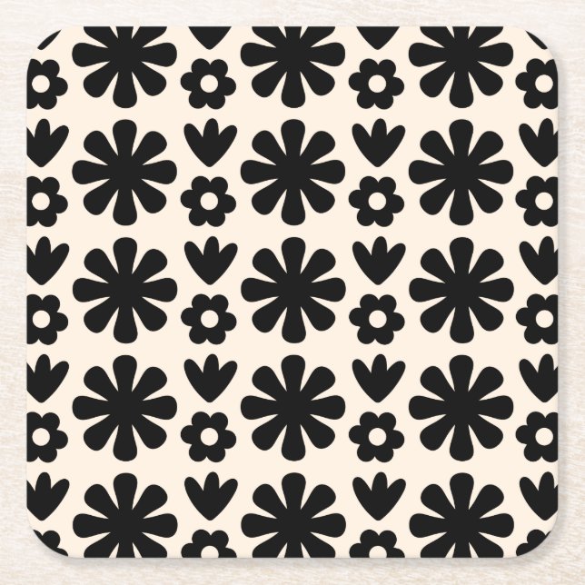 Dessous-de-verre Carré En Papier Motif floral scandinave rétro noir & crème (Devant)
