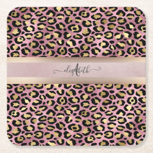 Dessous-de-verre Carré En Papier Motif léopard Monogramme Or rose Noir  