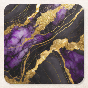 Dessous-de-verre Carré En Papier Motif marbre noir violet avec or