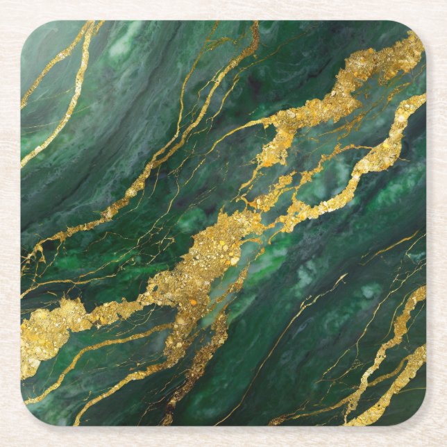 Dessous-de-verre Carré En Papier Motif Marbre Vert avec Or (Devant)