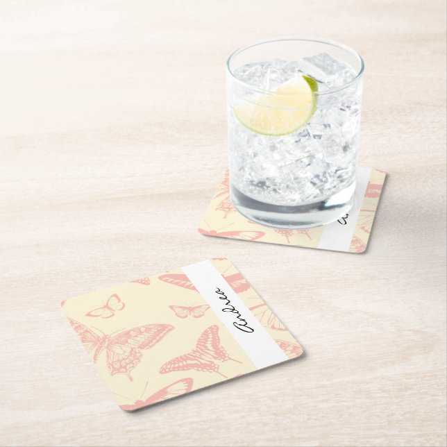 Dessous-de-verre Carré En Papier Motif papillon, Papillons roses, Votre Nom (En situation)