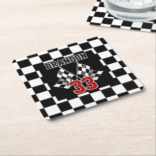Dessous-de-verre Carré En Papier Motif personnalisé de drapeau à damier noir et bla