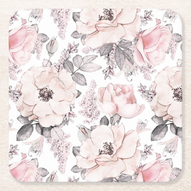 Dessous-de-verre Carré En Papier Motif rose et gris classique (Devant)