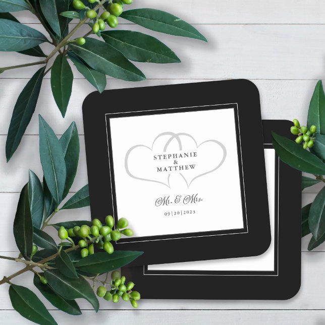 Dessous-de-verre Carré En Papier Mr & Mrs Black & White Elegant Hearts Mariage Chic (Créateur téléchargé)