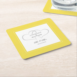 Dessous-de-verre Carré En Papier Mr & Mrs Yellow White Elegant Hearts Mariage Chic