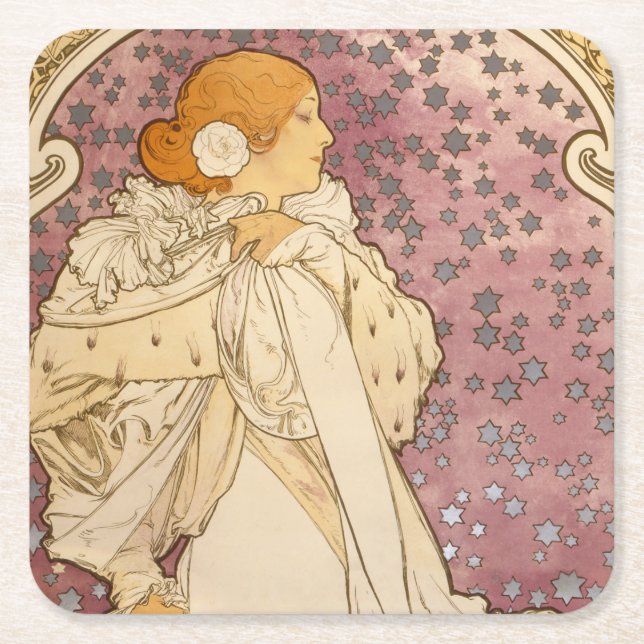 Dessous-de-verre Carré En Papier Mucha Art nouveau femme beauté (Devant)