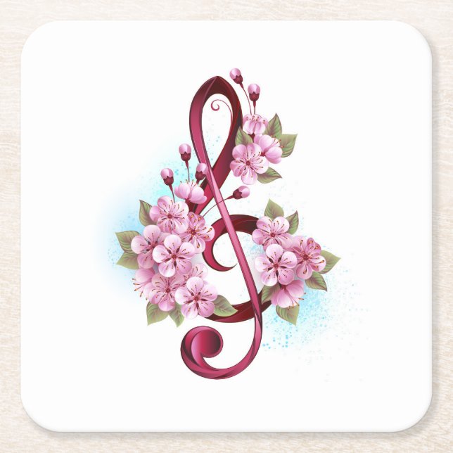 Dessous-de-verre Carré En Papier Musical treble clef notes with sakura flowers (Devant)