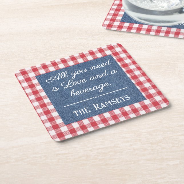 Dessous-de-verre Carré En Papier Name Quote. Red & White Check, Blue Denim Print (Incliné)
