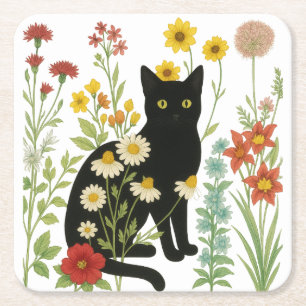 Dessous-de-verre Carré En Papier Nature botanique – Chat noir dans un jardin de fle