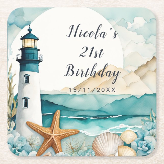 Dessous-de-verre Carré En Papier Nautical Lighthouse Birthday (Devant)